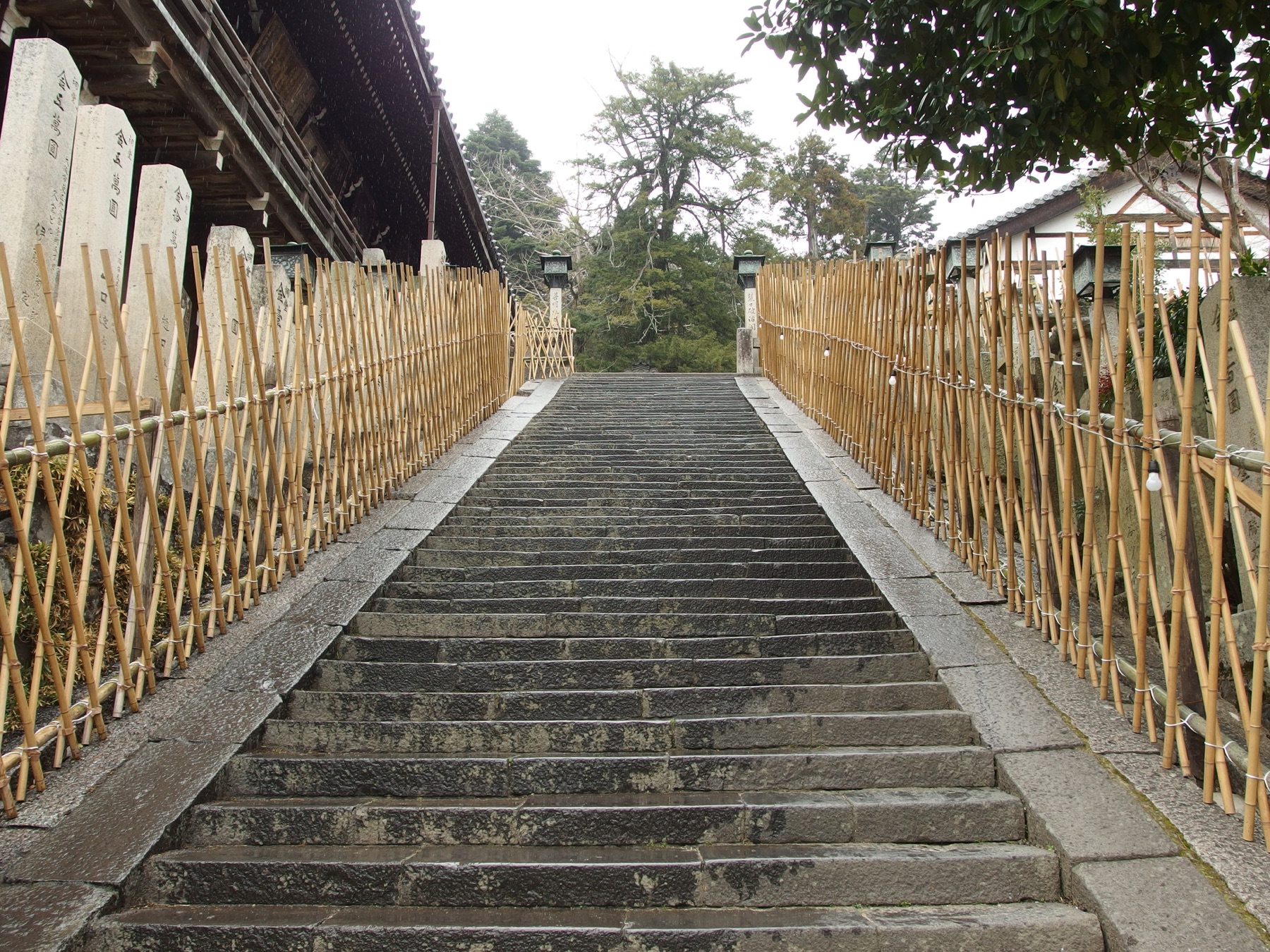 The timber hall and stone approach of Nigatsudo at Todaiji